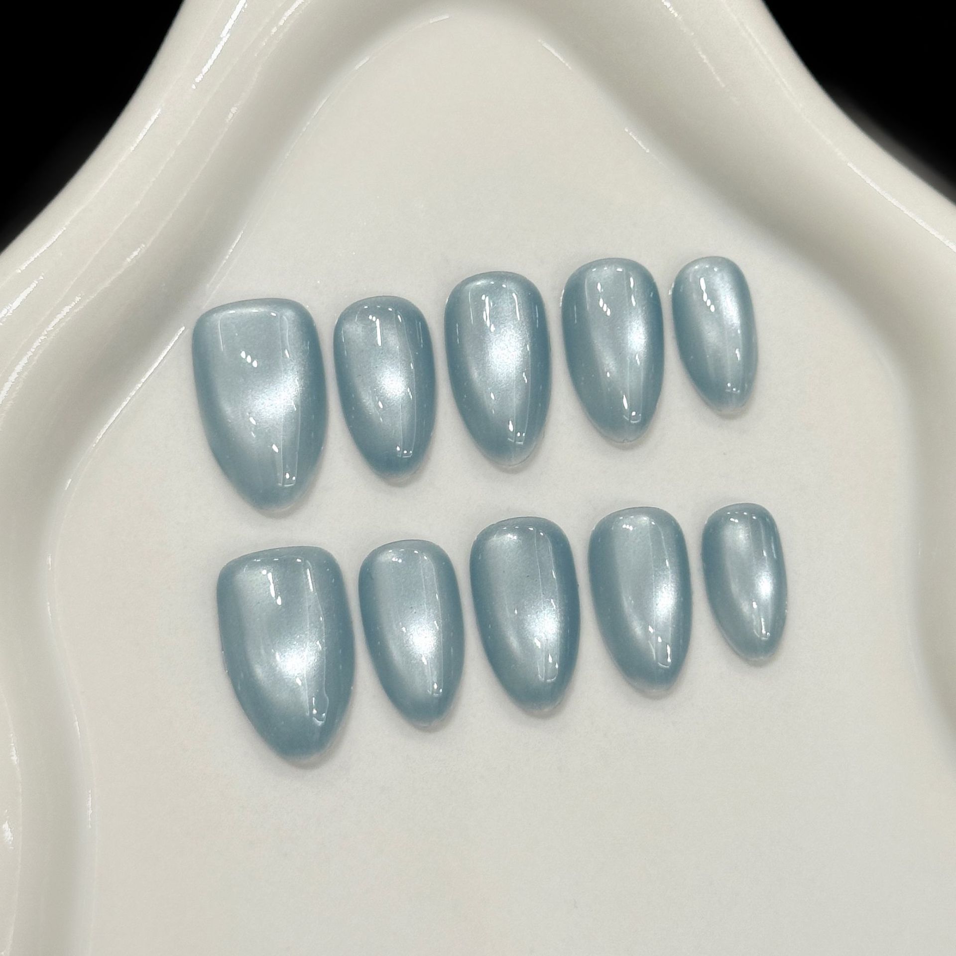 Resin Art Design - 10Pcs Blue Cat Eye French Short